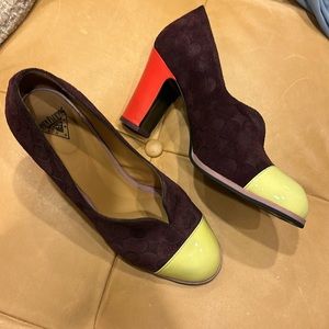 John Fluevog, like new, multi colored suede shoe with heel.  Size 8